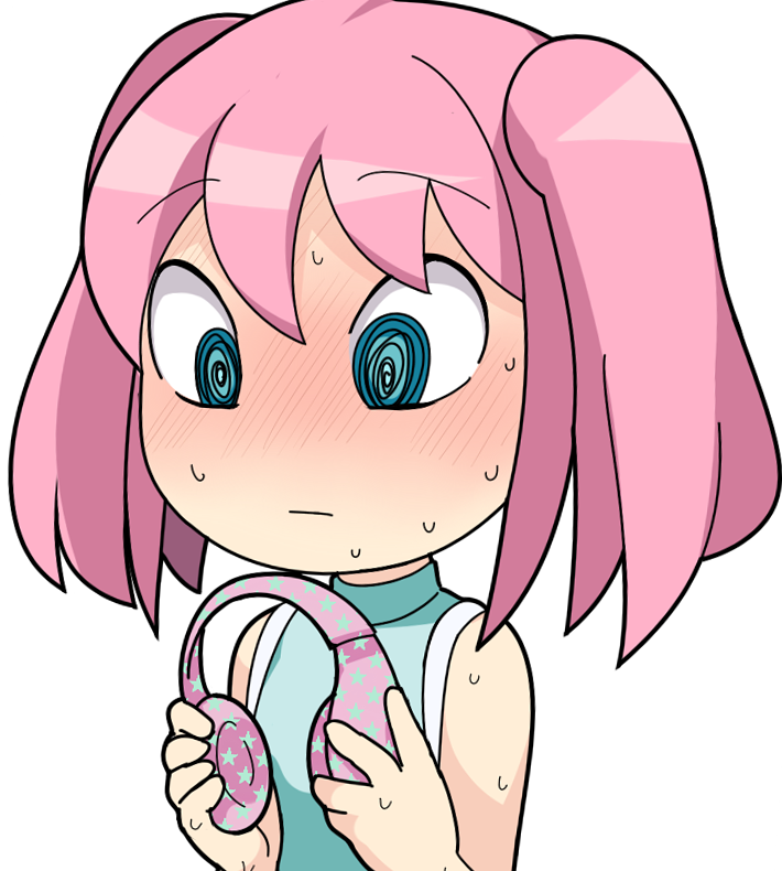 1girl, :|, @_@, blue_eyes, blue_shirt, blush, closed_mouth, commentary_request, flat_chest, hair_between_eyes, headphones, holding, holding_headphones, hospital_king, long_bangs, medium_hair, nemoto_hina, nose_blush, pink_hair, print_headphones, shirt, simple_background, sleeveless, sleeveless_shirt, solo, star_(symbol), star_print, sweat, sweating_profusely, two_side_up, upper_body, watashi_ga_motenai_no_wa_dou_kangaetemo_omaera_ga_warui!, white_background