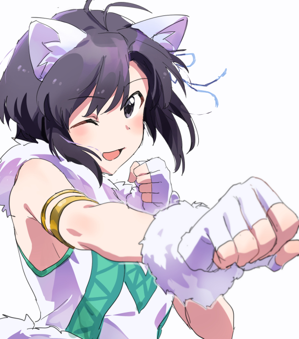 1girl, animal_ears, antenna_hair, armlet, bare_shoulders, black_eyes, black_hair, blush