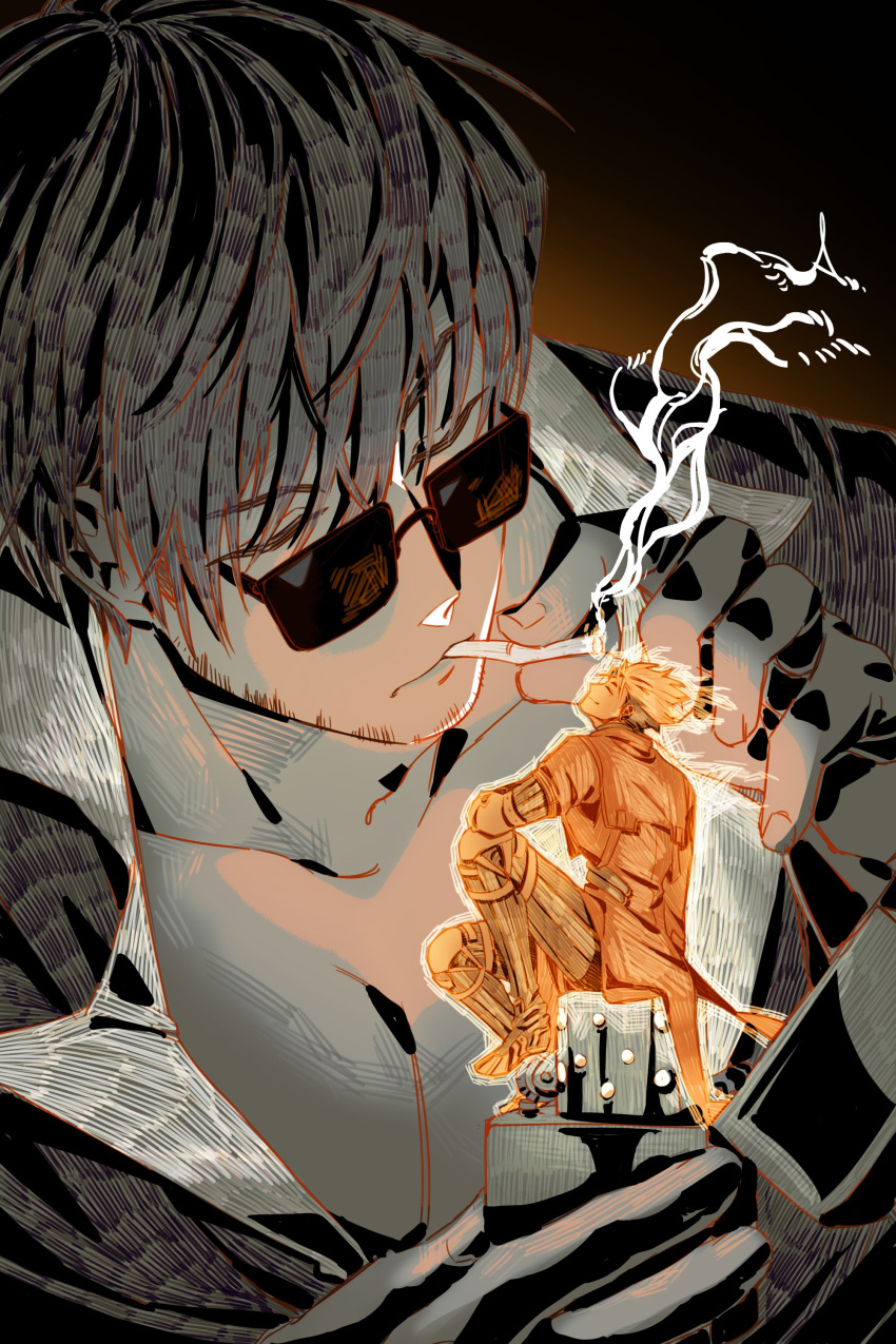 2boys, absurdres, black_hair, black_jacket, cigarette, closed_eyes, closed_mouth, collarbone