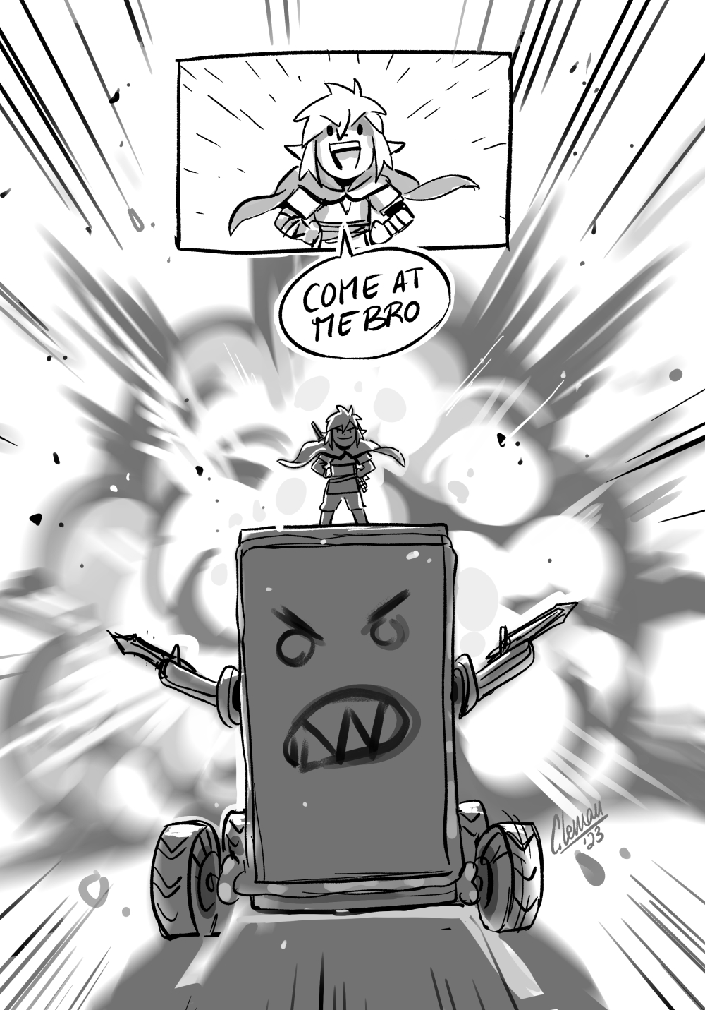 1boy, cape, cathiane, champion's_tunic_(zelda), emphasis_lines, explosion, fuse_(zelda), gameplay_mechanics