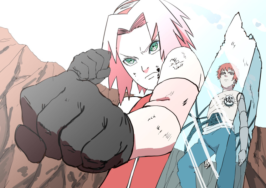 1boy, 1girl, bare_shoulders, black_gloves, blade, blue_pants, blue_sky, broken