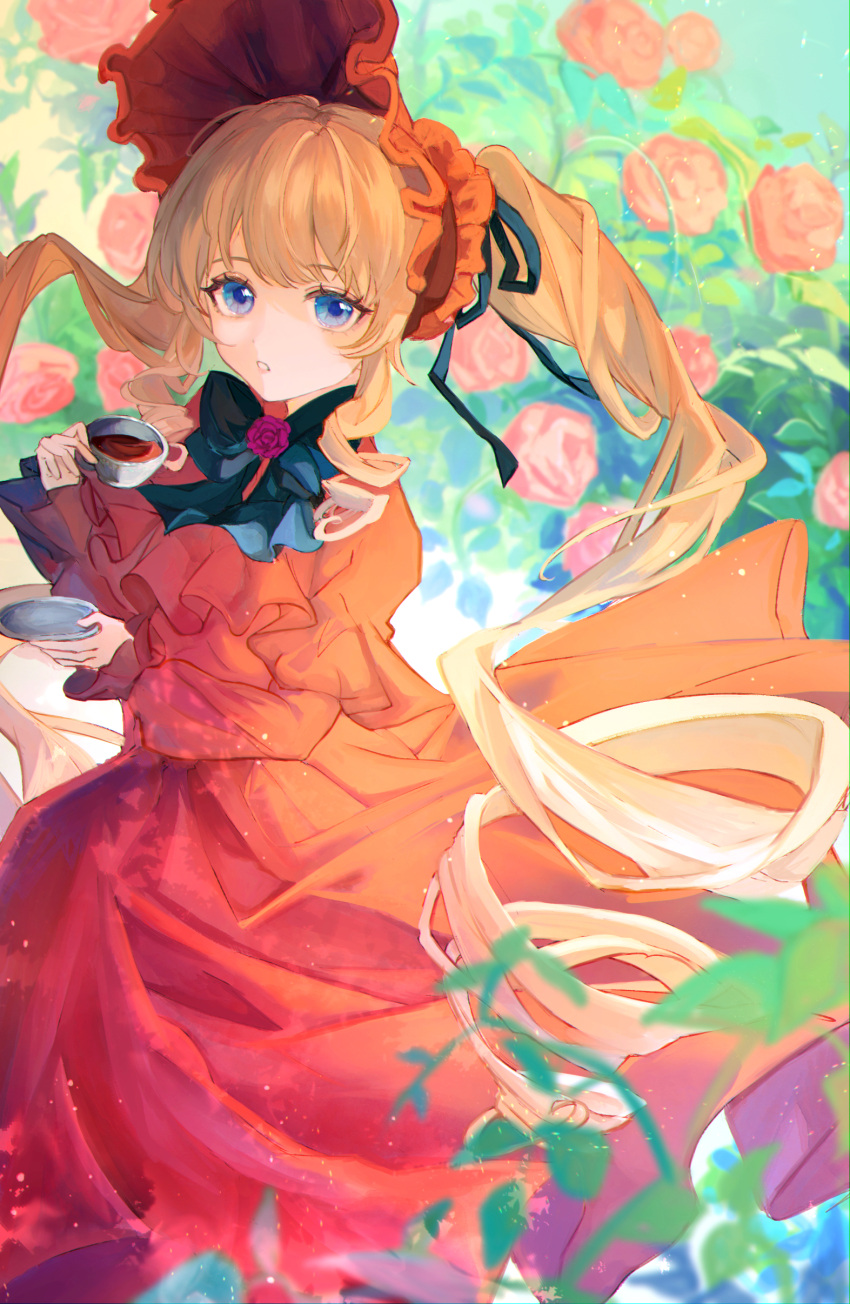 1girl, absurdres, black_ribbon, blonde_hair, blue_eyes, bonnet, bow, bowtie