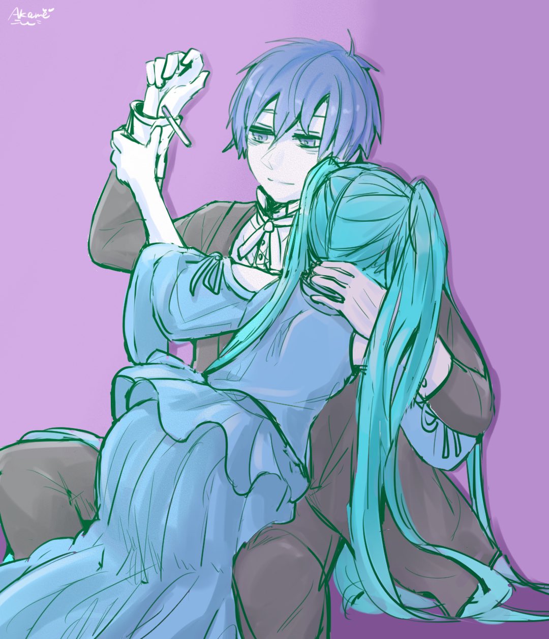 akame_(akame0516), aqua_hair, bags_under_eyes, bare_shoulders, black_suit, blue_dress, cigarette, clothing_cutout