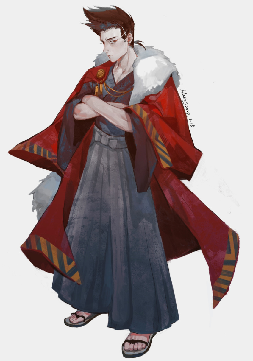 1boy, absurdres, barou_shouei, black_hair, blue_lock, crossed_arms, fur_trim, grey_hakama, hakama, highres, japanese_clothes, male_focus, noey_nuoyi, pompadour, red_eyes, sandals, solo, standing, white_background