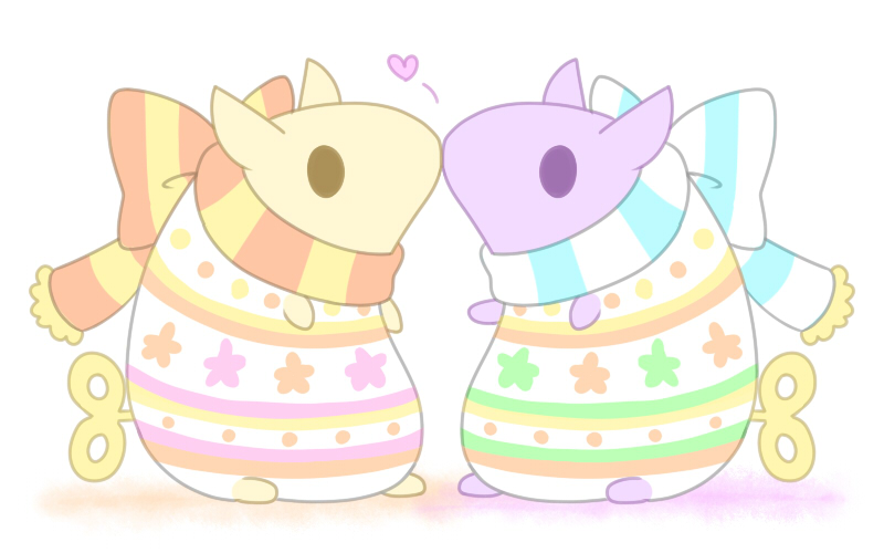 alternate_color, animal_focus, baku_(creature), fur-trimmed_scarf, heart, kiss, mothernatu, no_humans