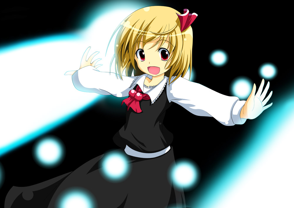 blonde_hair, danmaku, dress, hair_ribbon, niya_(pixiv1723870), outstretched_arms, red_eyes, ribbon