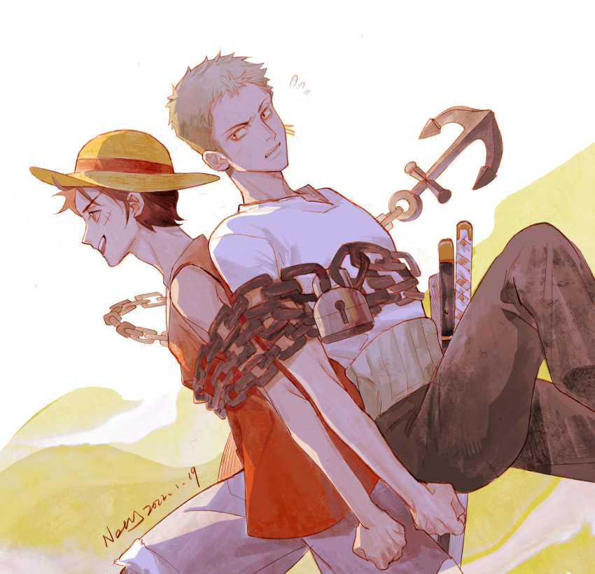2boys, anchor, back-to-back, black_hair, bound, chain, clenched_hand, flying_sweatdrops