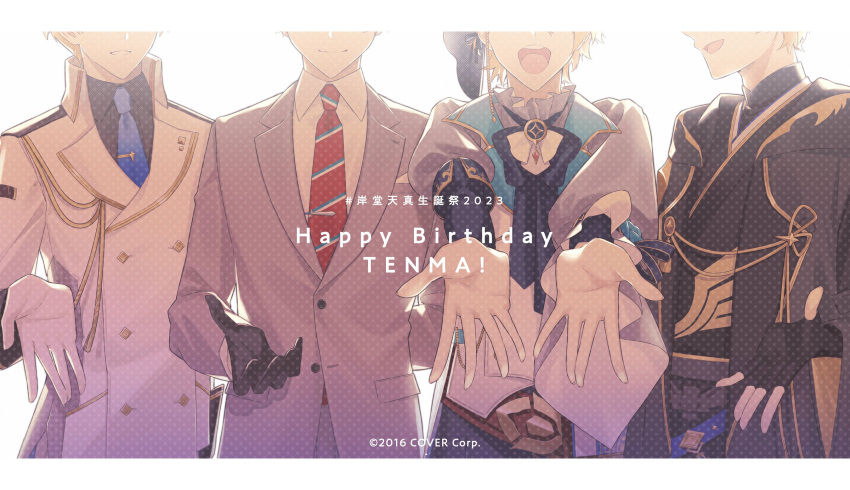 4boys, :d, asymmetrical_sleeves, beckoning, belt, belt_buckle, black_bow, black_bowtie