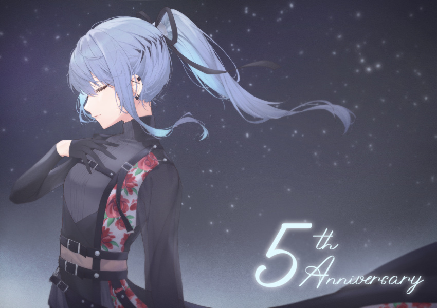 1girl, a9_(repainter), absurdres, animal_ears, black_gloves, black_ribbon, black_shirt, blue_hair
