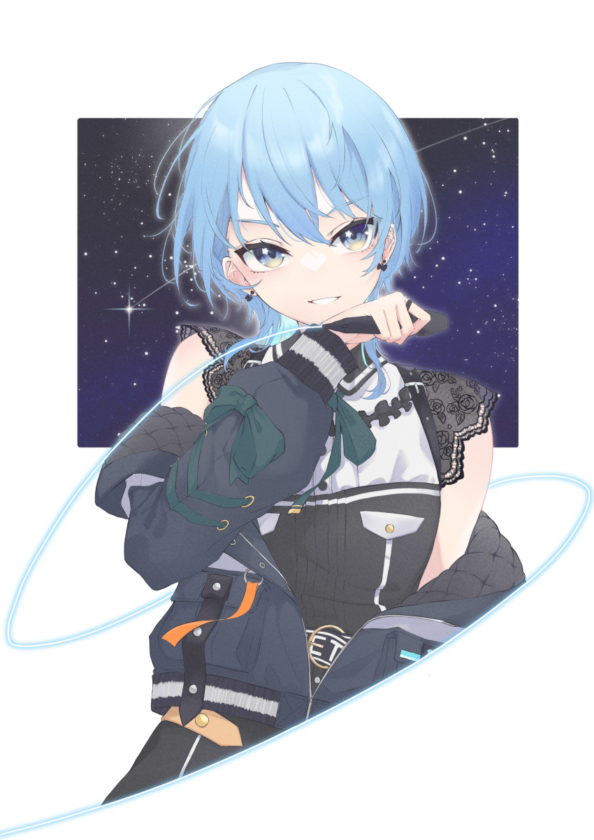 1girl, a9_(repainter), absurdres, belt, black_dress, blue_eyes, blue_hair, blue_jacket