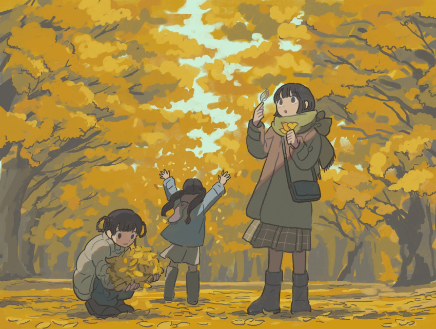 3girls, arms_up, autumn, bag, black_footwear, black_hair, boots, fucca
