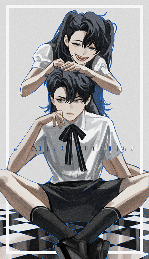 1boy, 1girl, aged_down, black_bow, black_bowtie, black_footwear, black_shorts, black_socks, blackbox_(blackbox9158), bow, bowtie, brother_and_sister, hand_on_another's_head, hand_on_own_cheek, hand_on_own_face, long_hair, omniscient_reader's_viewpoint, serious, shirt, short_hair, shorts, siblings, smile, socks, tile_floor, tiles, twintails, white_shirt, yoo_joonghyuk, yoo_mia