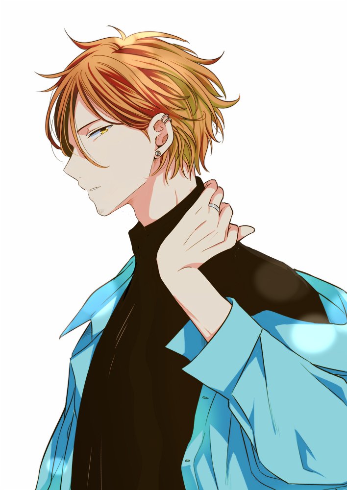 1boy, 961_masashi, beard, black_sweater, blonde_hair, blue_jacket, ear_piercing, facial_hair