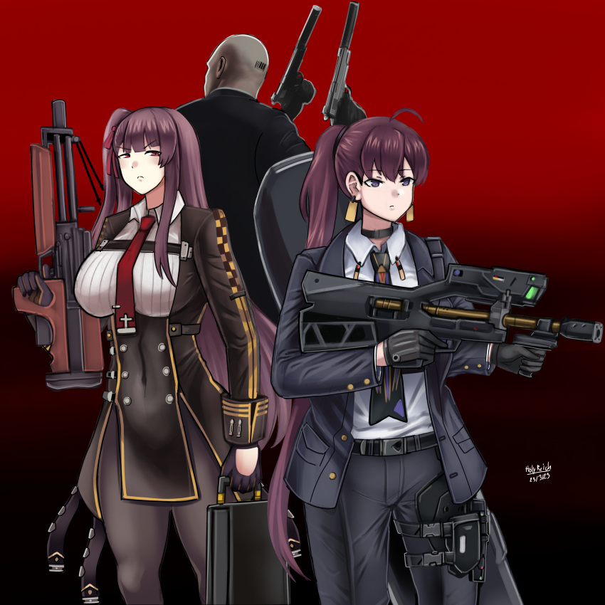 1boy, 2girls, absurdres, agent_47, bald, bullpup, crossover, dated, dolla_(nikke), dual_wielding, earrings, formal, girls_frontline, goddess_of_victory:_nikke, gradient_background, gun, handgun, highres, hitman_(game), holding, holding_gun, holding_weapon, holy_light, jewelry, m1911, multiple_girls, one_side_up, pant_suit, pants, ponytail, rifle, science_fiction, signature, sniper_rifle, suit, suppressor, trait_connection, trigger_discipline, wa2000_(girls'_frontline), walther, walther_wa_2000, weapon