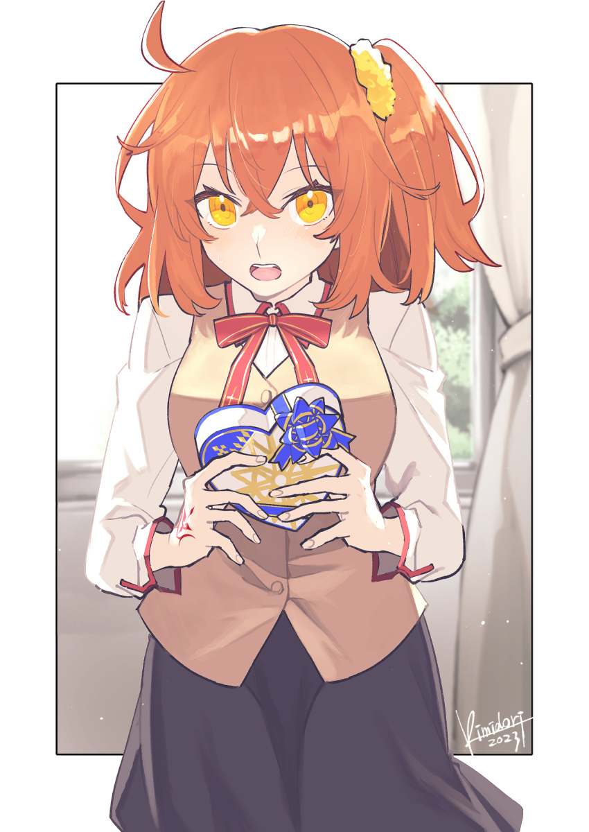 1girl, 2023, ahoge, artist_name, black_skirt, bow, box, brown_vest, collared_shirt, command_spell, cross_print, crossed_bangs, curtains, fate/grand_order, fate_(series), fujimaru_ritsuka_(female), gift, gift_box, hair_between_eyes, heart-shaped_box, highres, holding, holding_box, holding_gift, homurahara_academy_school_uniform, kimidorix32, light_particles, long_sleeves, looking_at_viewer, medium_hair, neck_ribbon, one_side_up, open_mouth, orange_eyes, orange_hair, outside_border, print_ribbon, red_ribbon, ribbon, school_uniform, scrunchie, shirt, side_ponytail, sidelocks, signature, skirt, solo, teeth, upper_teeth_only, vest, white_shirt, window