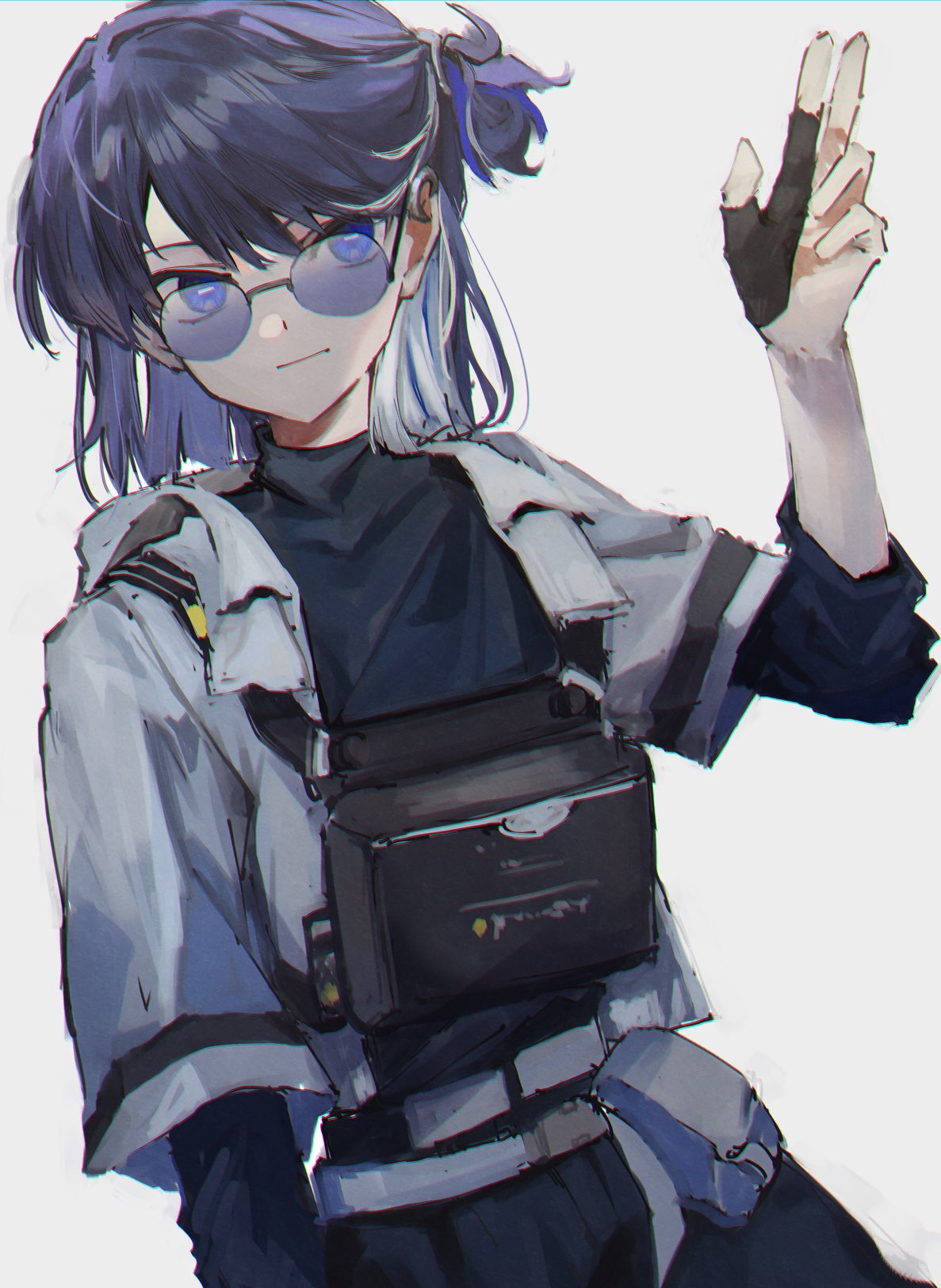 1girl, andreana_(arknights), andreana_(silent_arrow)_(arknights), arknights, belt, black_bag, black_shirt, blue_eyes