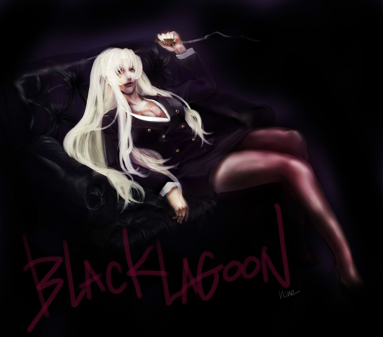 black_lagoon, blonde_hair, blue_eyes, breasts, business_suit, cigar, cleavage, dark