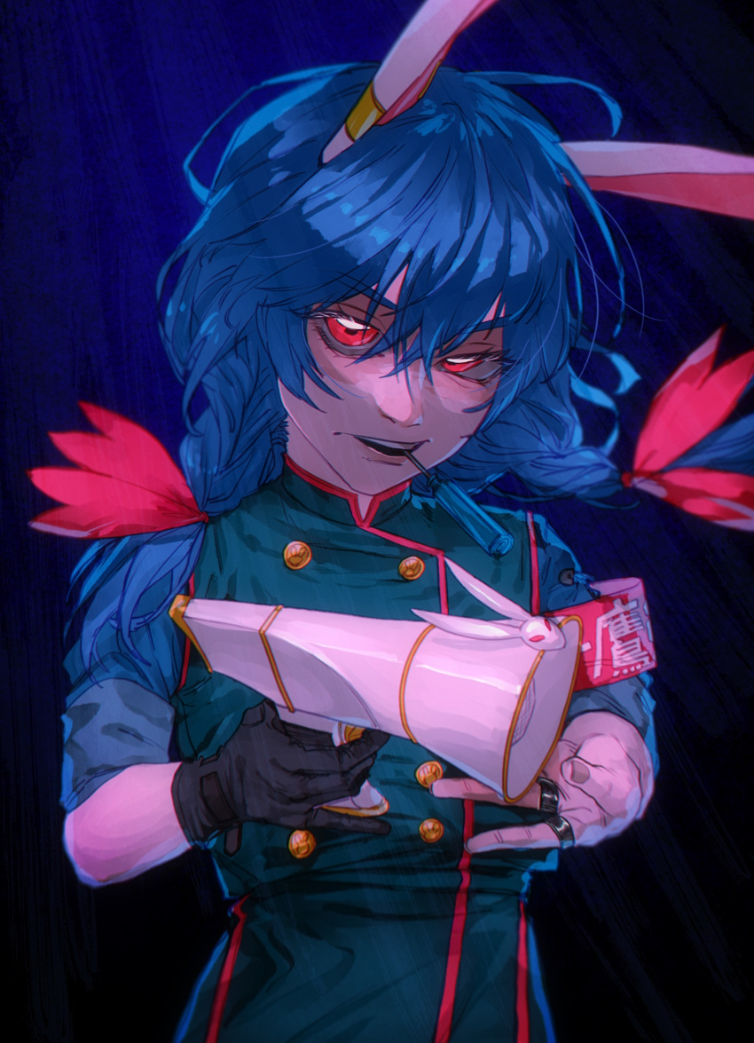 1girl, alternate_costume, animal_ears, blue_background, blue_hair, buttons, dark_background, earclip