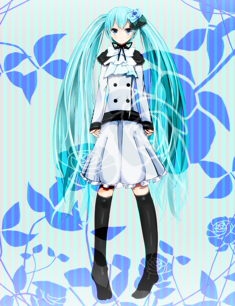 aqua_hair, blue_eyes, dress, flower, full_body, hair_flower, hair_ornament, hatsune_miku