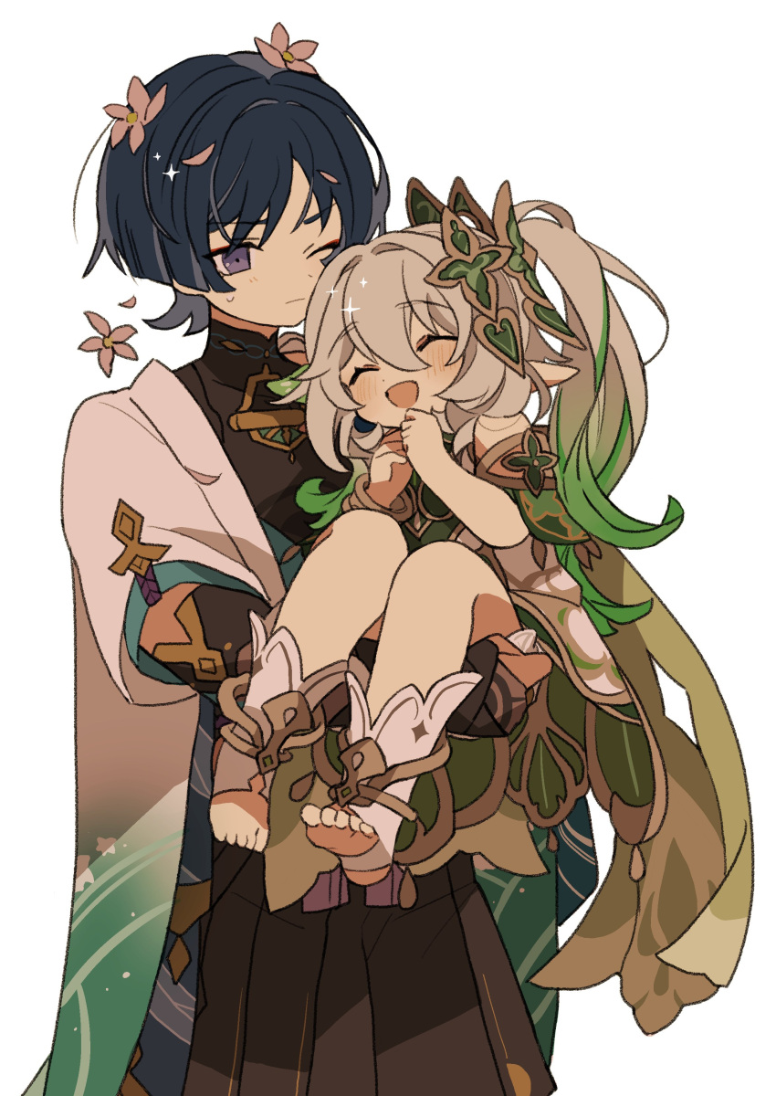 1boy, 1girl, absurdres, black_hair, blush, carrying, closed_eyes, closed_mouth