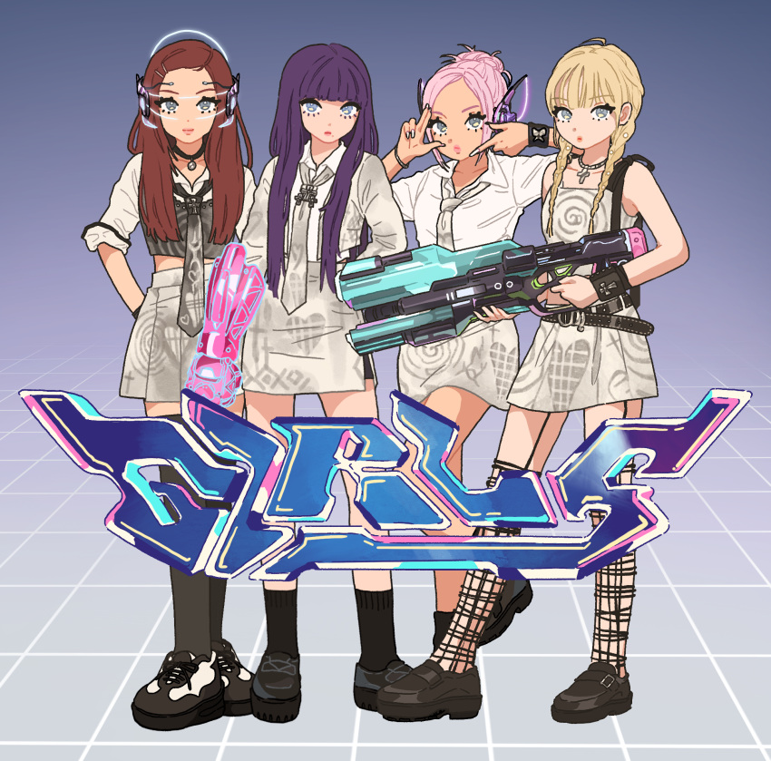 1girl, 4girls, aespa, animification, arm_behind_back, belt, black_belt, black_camisole