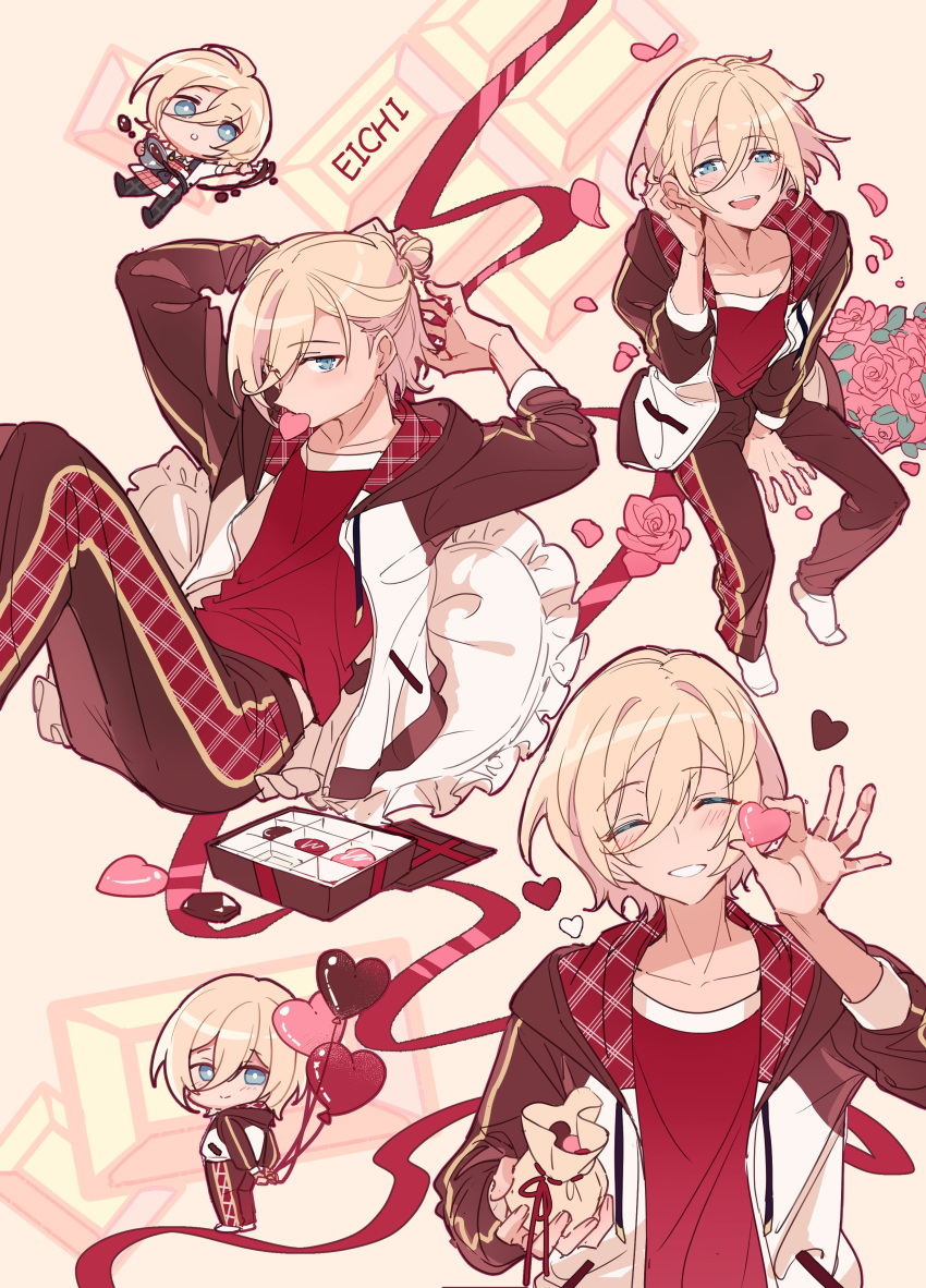 1boy, absurdres, blonde_hair, blue_eyes, blush, candy, character_name, chibi