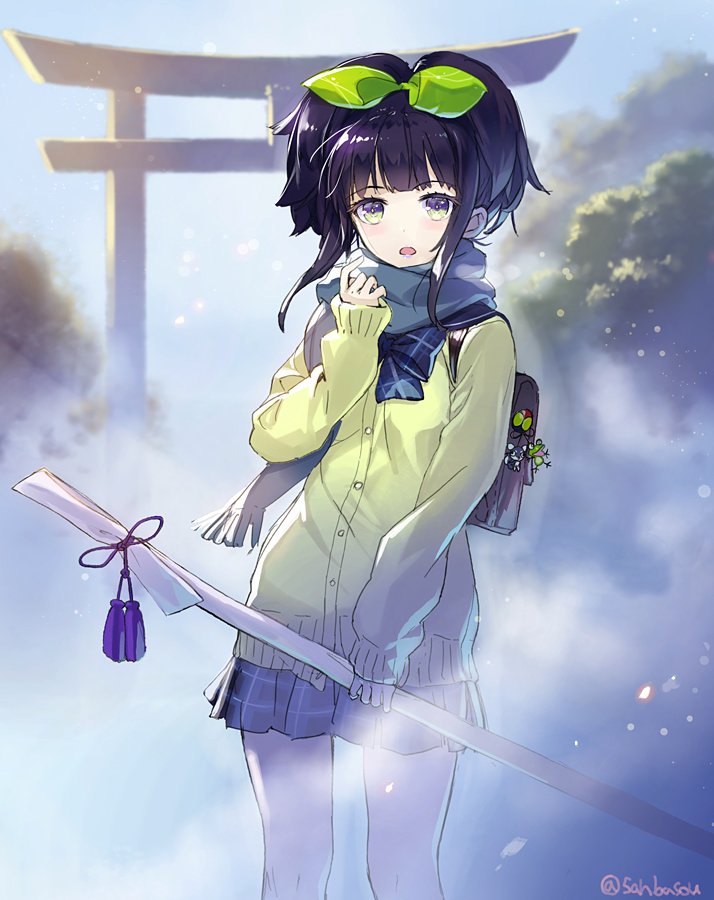 1girl, alternate_costume, animal_keychain, artist_name, bag, black_hair, bow, cardigan