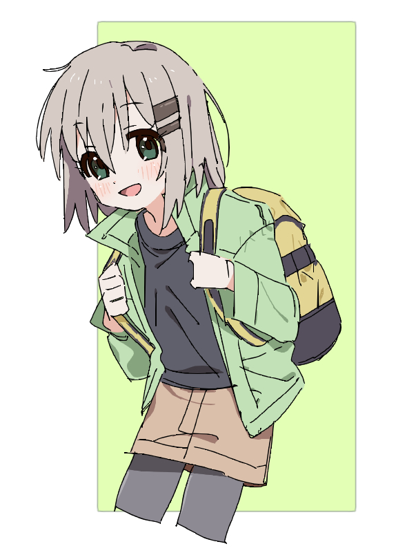 1girl, backpack, bag, black_pantyhose, black_shirt, blush, border, brown_skirt