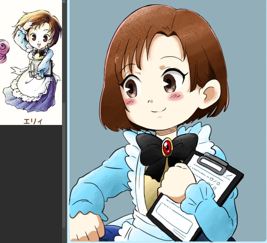 1girl, apron, black_ribbon, blue_background, blush, bokujou_monogatari, brown_eyes, brown_hair