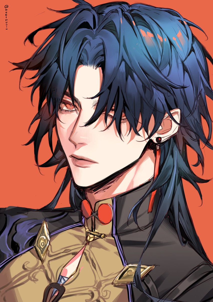 1boy, blade_(honkai:_star_rail), blue_hair, chinese_clothes, closed_mouth, earrings, english_commentary, highres, honkai:_star_rail, honkai_(series), jewelry, lips, long_hair, looking_at_viewer, male_focus, muoi, one_eye_closed, orange_background, orange_eyes, parted_bangs, simple_background, solo, twitter_username, upper_body