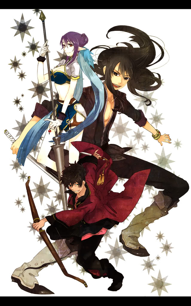 2boys, black_eyes, black_hair, blue_hair, bow_(weapon), bracelet, jewelry, judith