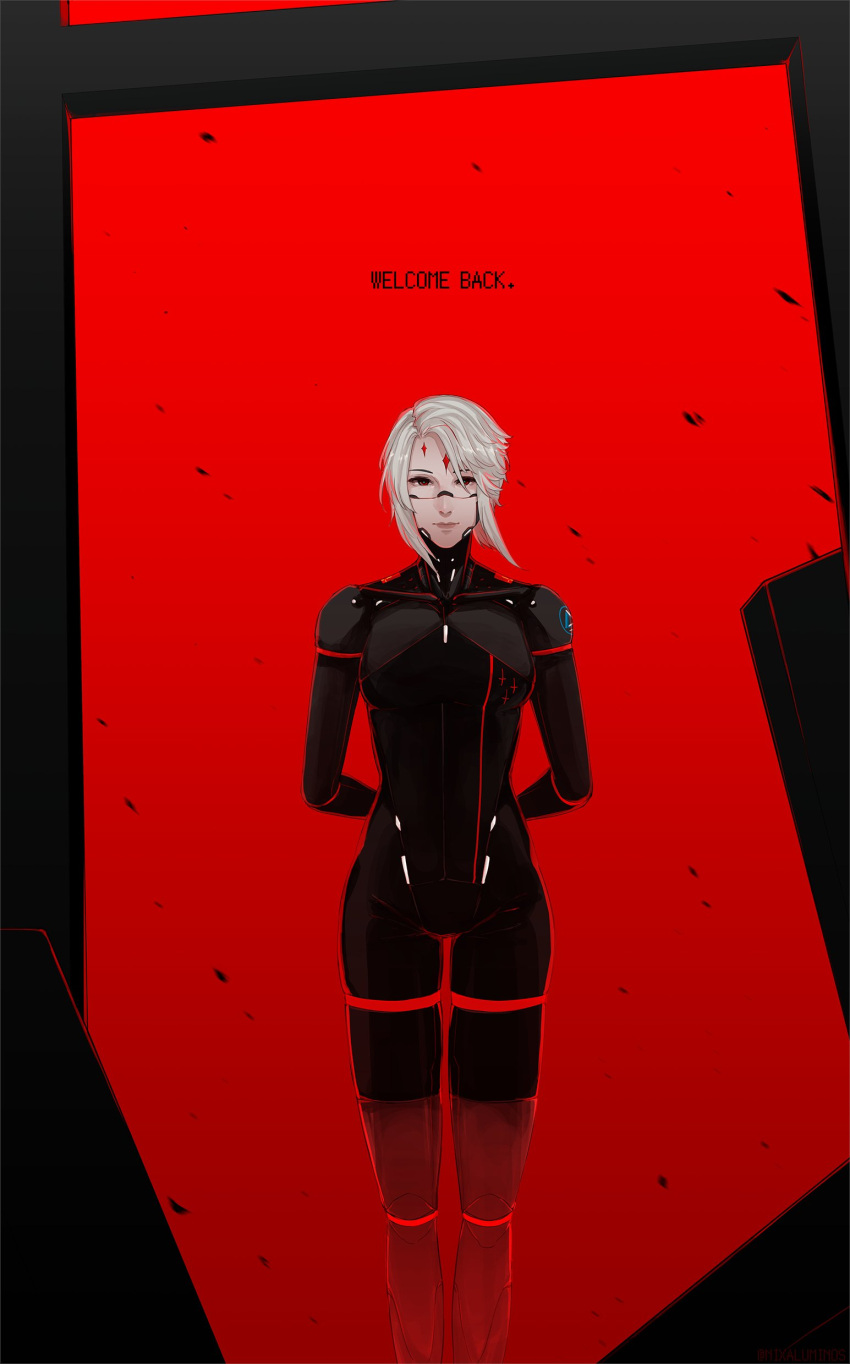 absurdres, arms_behind_back, english_text, gradient_background, hair_over_one_eye, highres, light_particles, military, military_uniform, nixaluminos, red_eyes, robot, short_hair, signalis, star_(symbol), two-tone_background, uniform