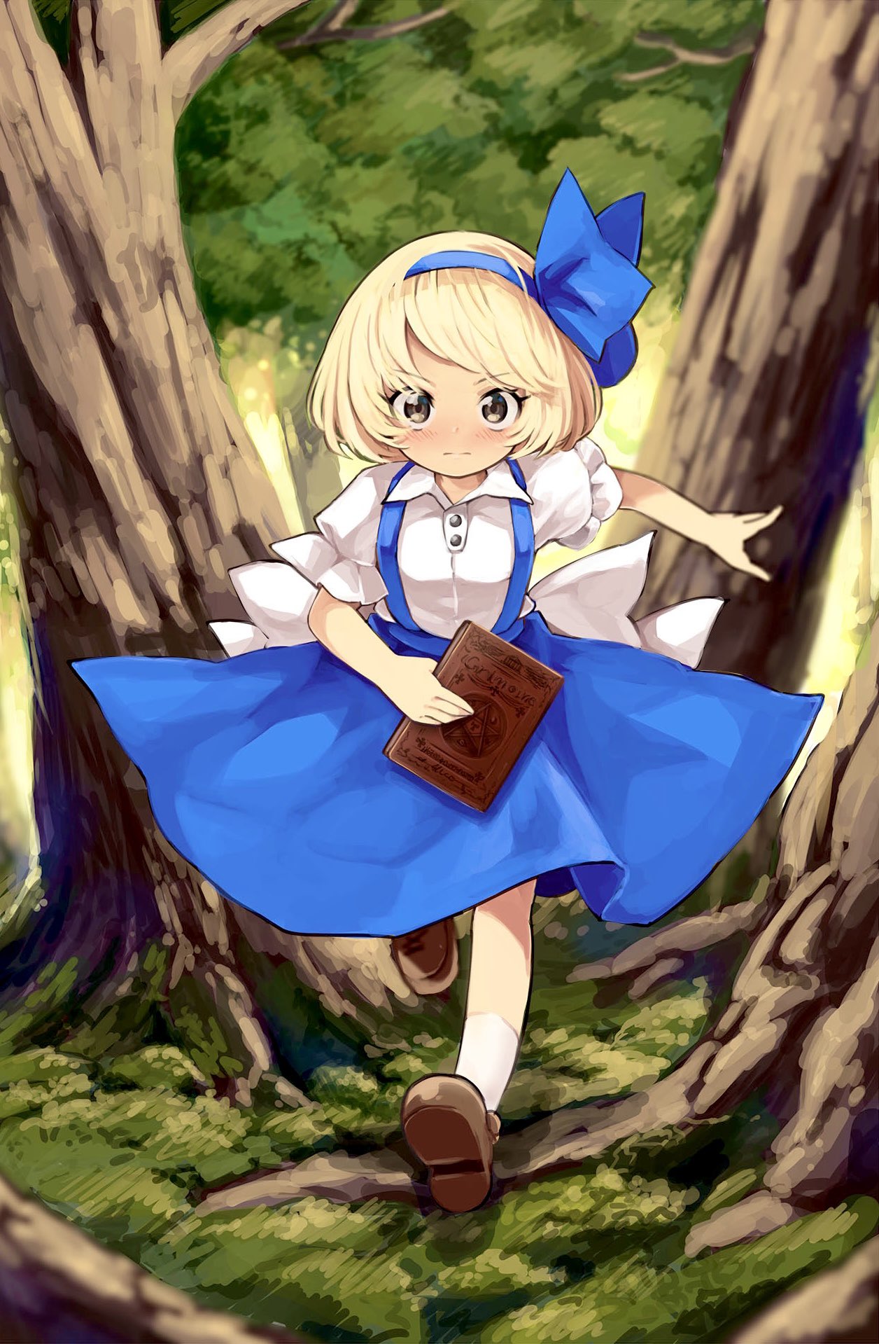 1girl, alice_margatroid, alice_margatroid_(pc-98), blonde_hair, blue_dress, book, brown_footwear, dress, full_body, highres, holding, holding_book, running, short_hair, solo, tatuhiro, touhou, touhou_(pc-98), tree, yellow_eyes