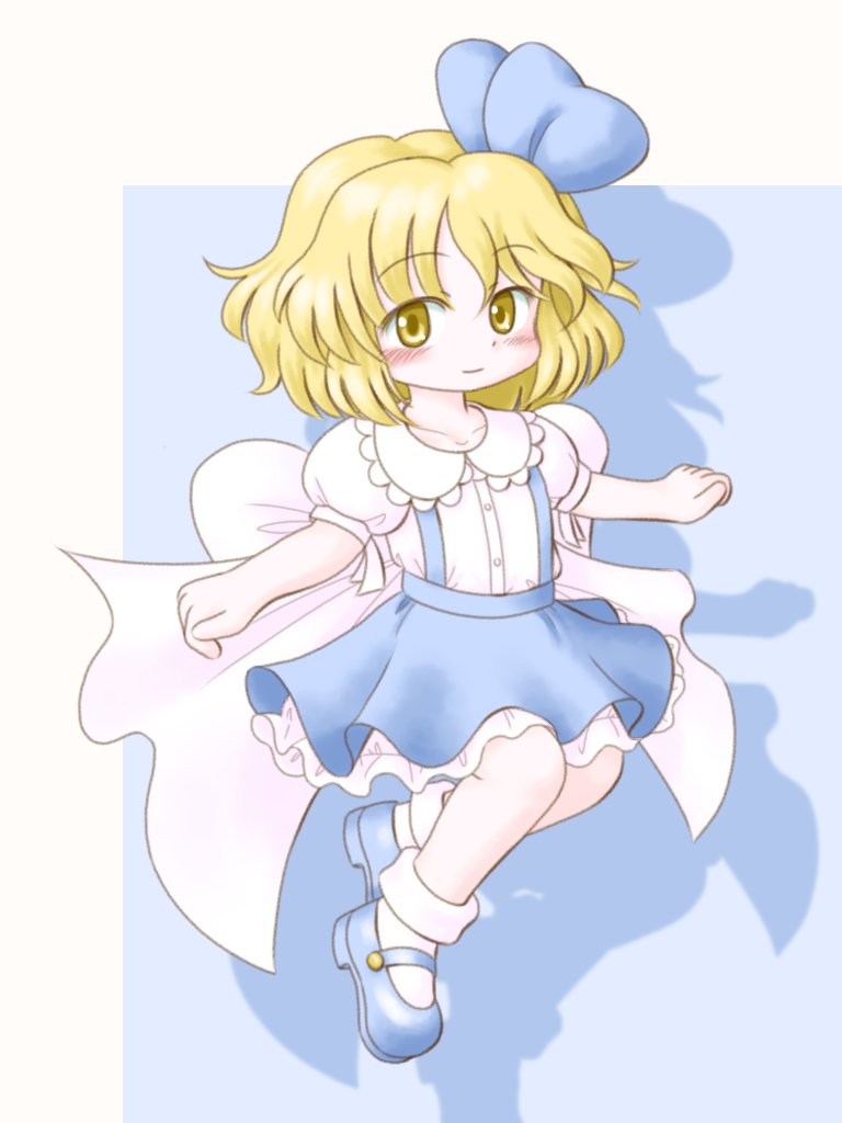 1girl, alice_margatroid, alice_margatroid_(pc-98), blonde_hair, blue_background, blue_dress, blue_footwear, blush