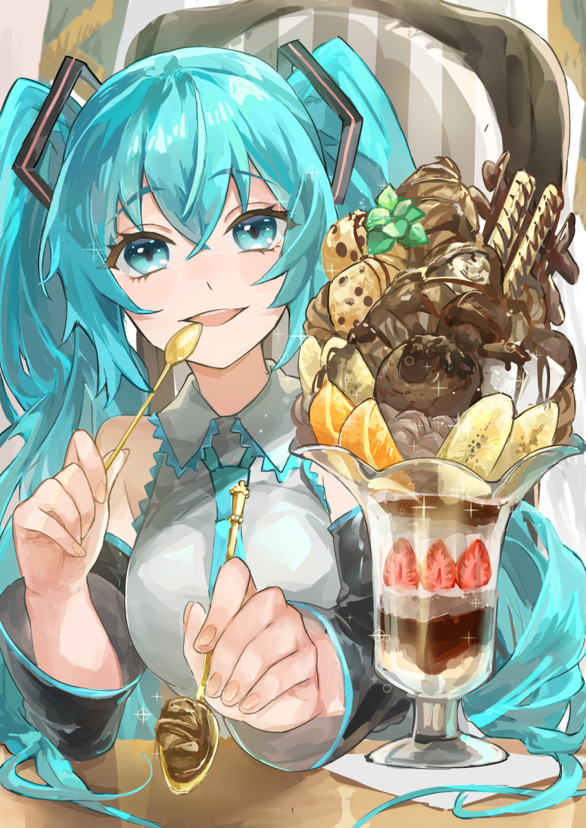 1girl, aqua_eyes, aqua_hair, aqua_necktie, banana, banana_slice, bare_shoulders, black_sleeves