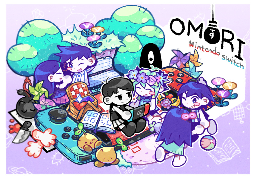 2girls, 4boys, 9twoeight, aubrey_(omori), basil_(omori), bench, black_eyes, black_hair