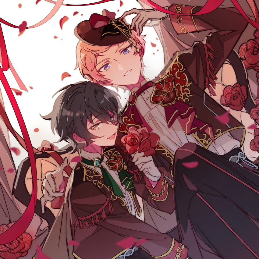 2boys, absurdres, black_hair, blue_eyes, ensemble_stars!, flower, gloves, haiyanjiatang