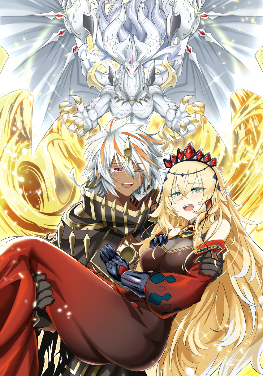 1boy, 1girl, absurdres, albion_the_sanctifire_dragon, blonde_hair, blue_eyes, carrying, claws, dark_skin, dragon, dress, duel_monster, ecclesia_(yu-gi-oh!), fallen_of_albaz, gauntlets, happy_tears, highres, horns, incredible_ecclesia_the_virtuous, jewelry, long_hair, necklace, one_eye_closed, pointy_ears, princess_carry, red_dress, red_eyes, scar, synchroman, tears, tiara, very_long_hair, white_hair, white_wings, wings, yu-gi-oh!