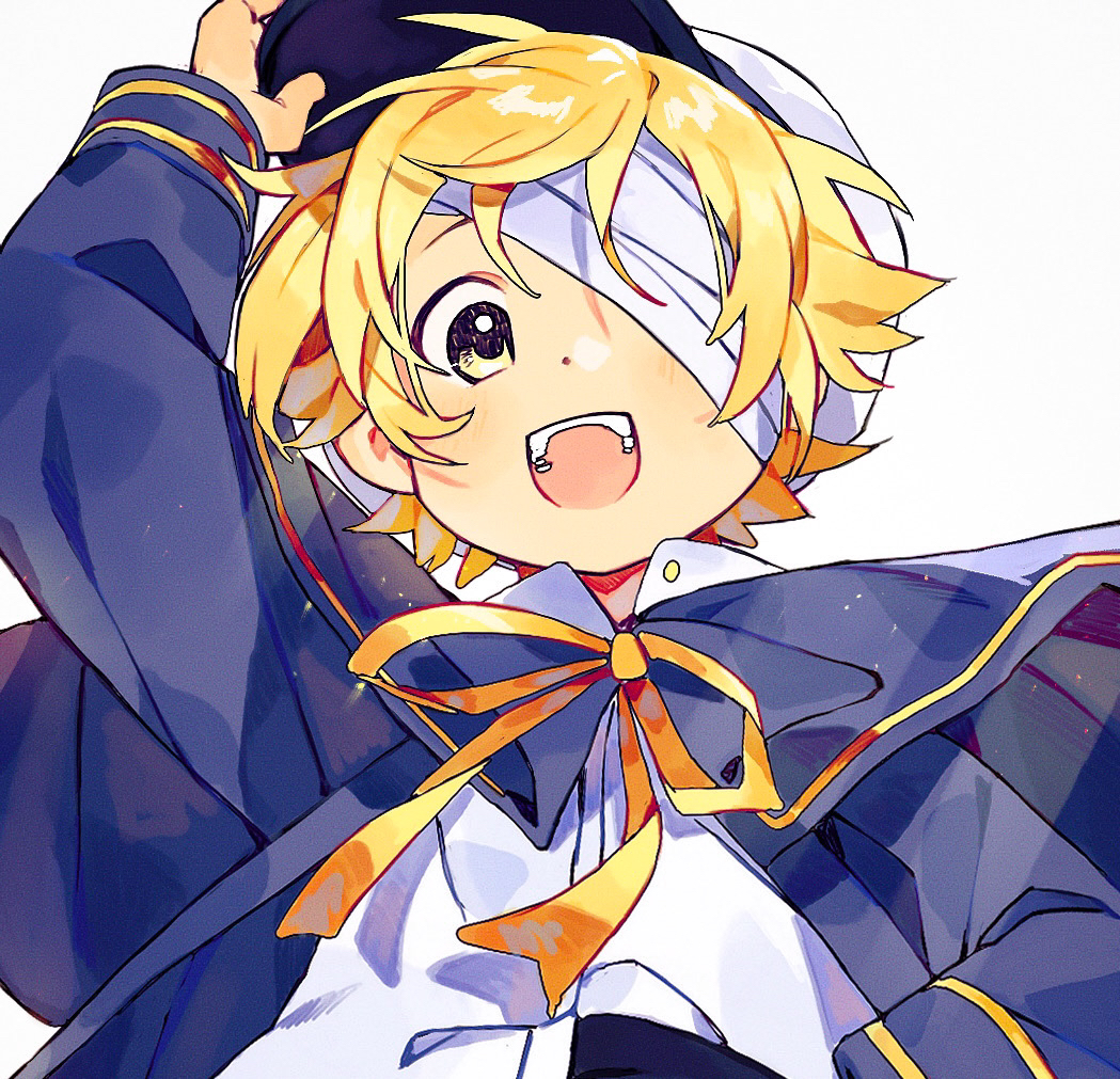 1boy, bandage_over_one_eye, bandages, blonde_hair, blue_jacket, child, english_commentary, hand_on_headwear
