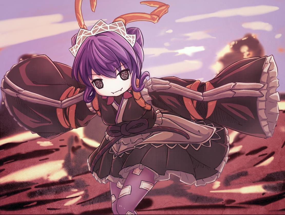 1girl, antennae, apron, arthropod_girl, brown_kimono, closed_mouth, commentary, double_bun, english_commentary, entoma_vasilissa_zeta, extra_pupils, fangs, hair_bun, japanese_clothes, kimono, looking_at_viewer, lynte, maid, maid_headdress, monster_girl, ofuda, ofuda_on_clothes, outstretched_arms, overlord_(maruyama), pantyhose, purple_hair, purple_pantyhose, red_eyes, red_ribbon, ribbon, short_hair, skin_fangs, sleeves_past_wrists, smile, solo, white_apron