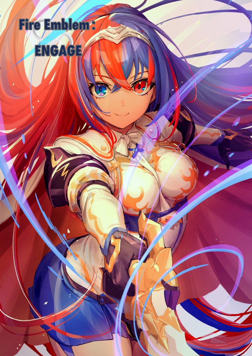 1girl, absurdres, alear_(female)_(fire_emblem), alear_(fire_emblem), armor, black_gloves, blue_eyes, blue_hair