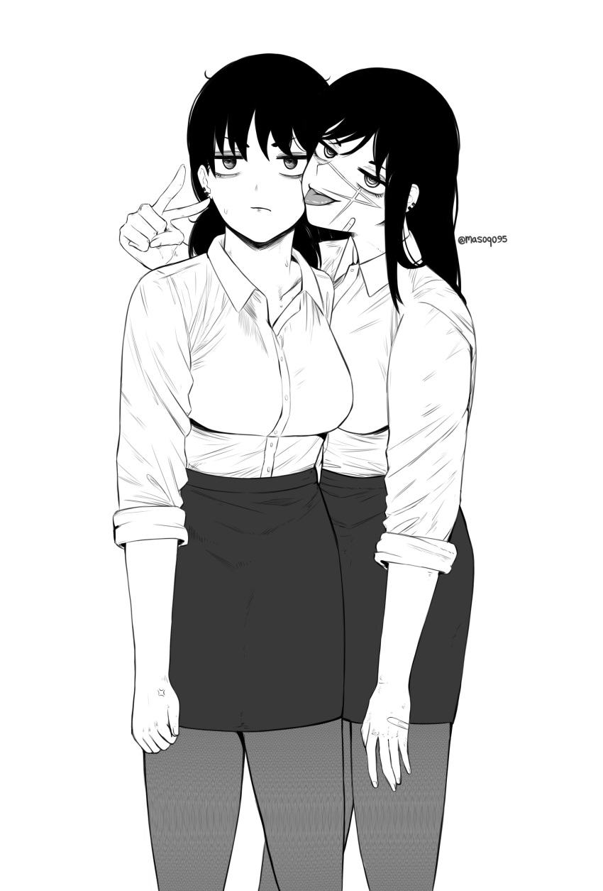 2girls, :p, absurdres, bandaid, black_hair, chainsaw_man, highres, masoq095