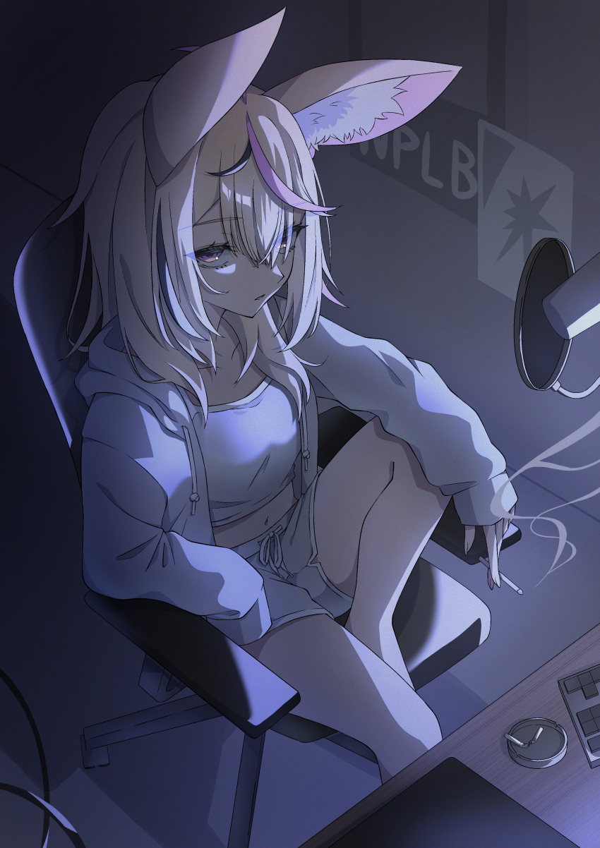 1girl, absurdres, akashi_(4kc_27), animal_ears, black_hair, blonde_hair, chair, cigarette