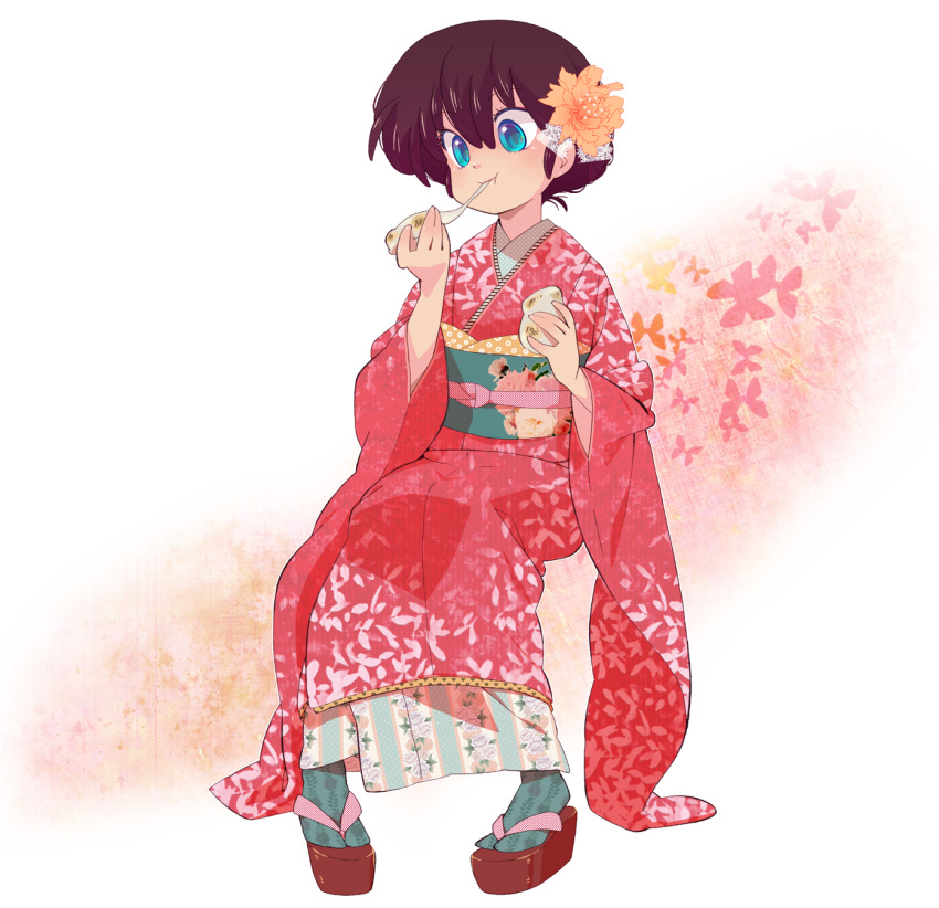apple-boy, blue_eyes, eating, genderswap, highres, japanese_clothes, kimono, ranma-chan