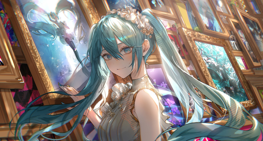 1girl, annotation_request, asano_(kazusasn), blue_eyes, blue_hair, blue_nails, closed_mouth, commentary, floating_hair, from_side, grey_shirt, hair_between_eyes, hair_ornament, hatsune_miku, highres, indoors, koi_wa_sensou_(vocaloid), long_hair, looking_at_viewer, melt_(vocaloid), nail_polish, painting_(object), picture_frame, shirt, sleeveless, sleeveless_shirt, smile, solo, song_request, songover, twintails, upper_body, ura-omote_lovers_(vocaloid), very_long_hair, vocaloid, world_is_mine_(vocaloid)