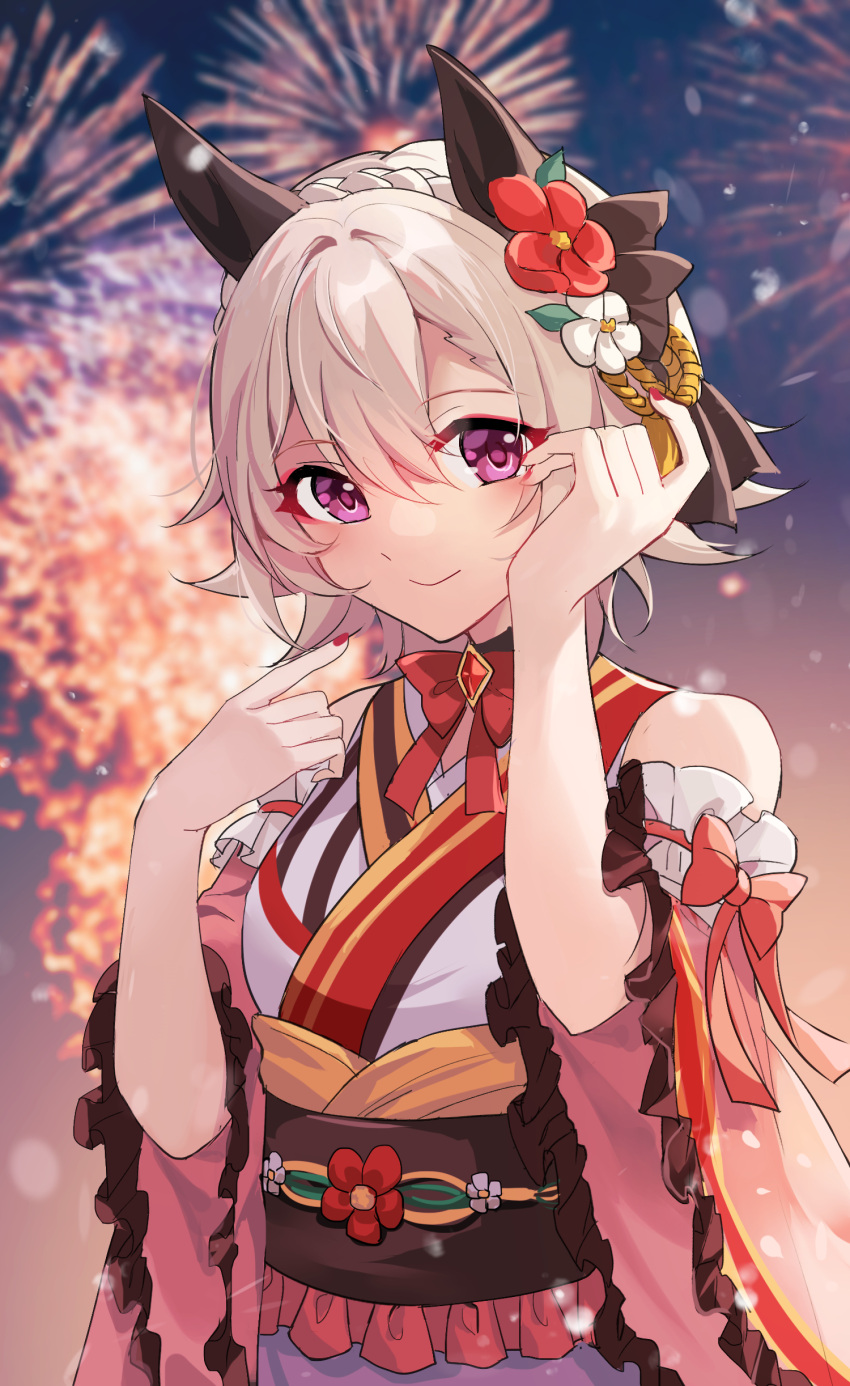 absurdres, akitsuki_(oenothera), animal_ears, bow, braid, brown_hair, closed_mouth, clothing_cutout, curren_chan_(umamusume), dress, fireworks, flower, hair_flower, hair_ornament, hands_in_hair, highres, horse_ears, horse_girl, long_sleeves, looking_at_viewer, medium_hair, nail_polish, outdoors, shoulder_cutout, smile, the_sounds_of_autumn_(umamusume), umamusume, upper_body, violet_eyes, wide_sleeves