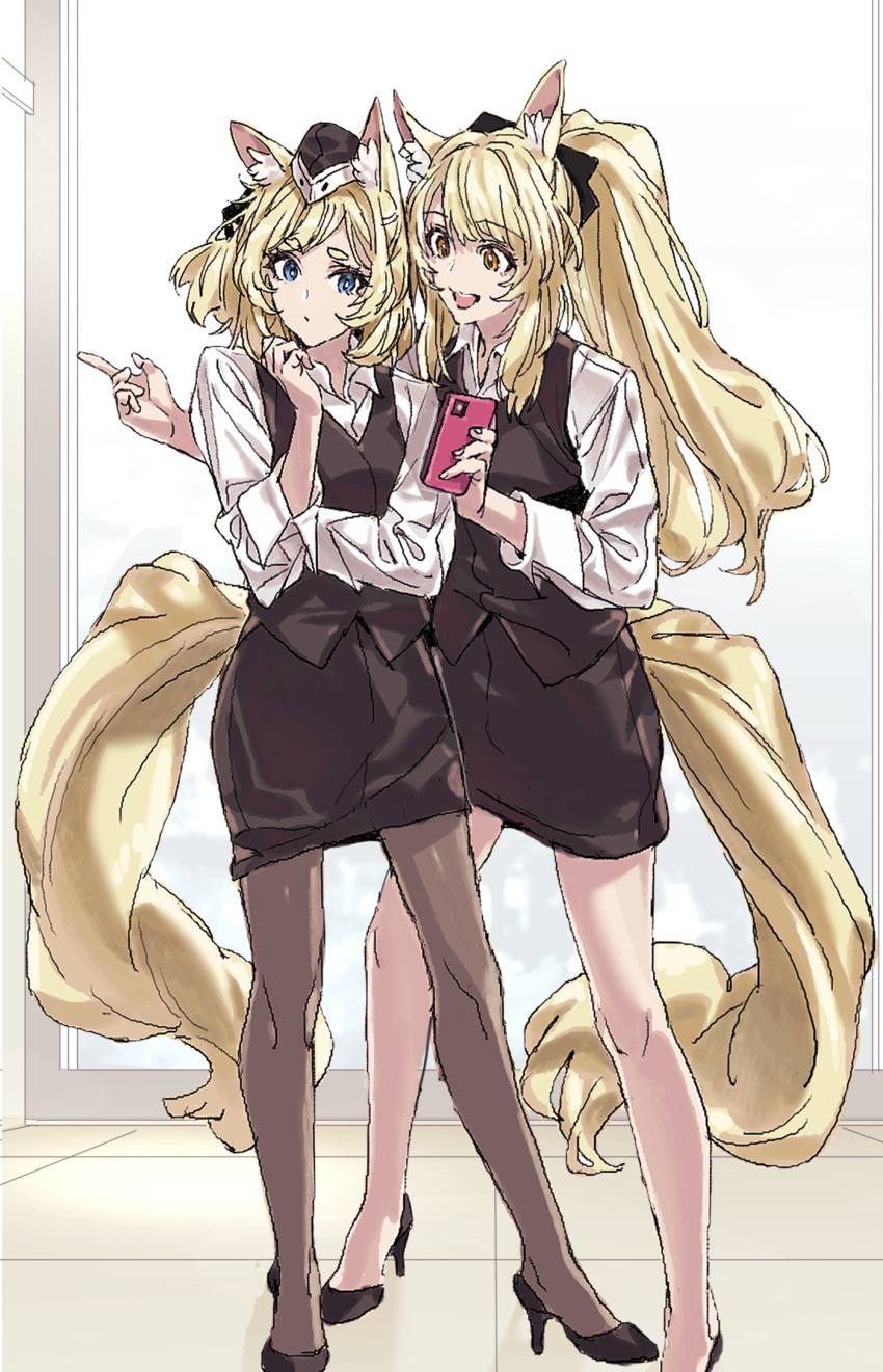 animal_ear_fluff, animal_ears, arknights, aunt_and_niece, black_footwear, black_pantyhose, black_ribbon, blemishine_(arknights)