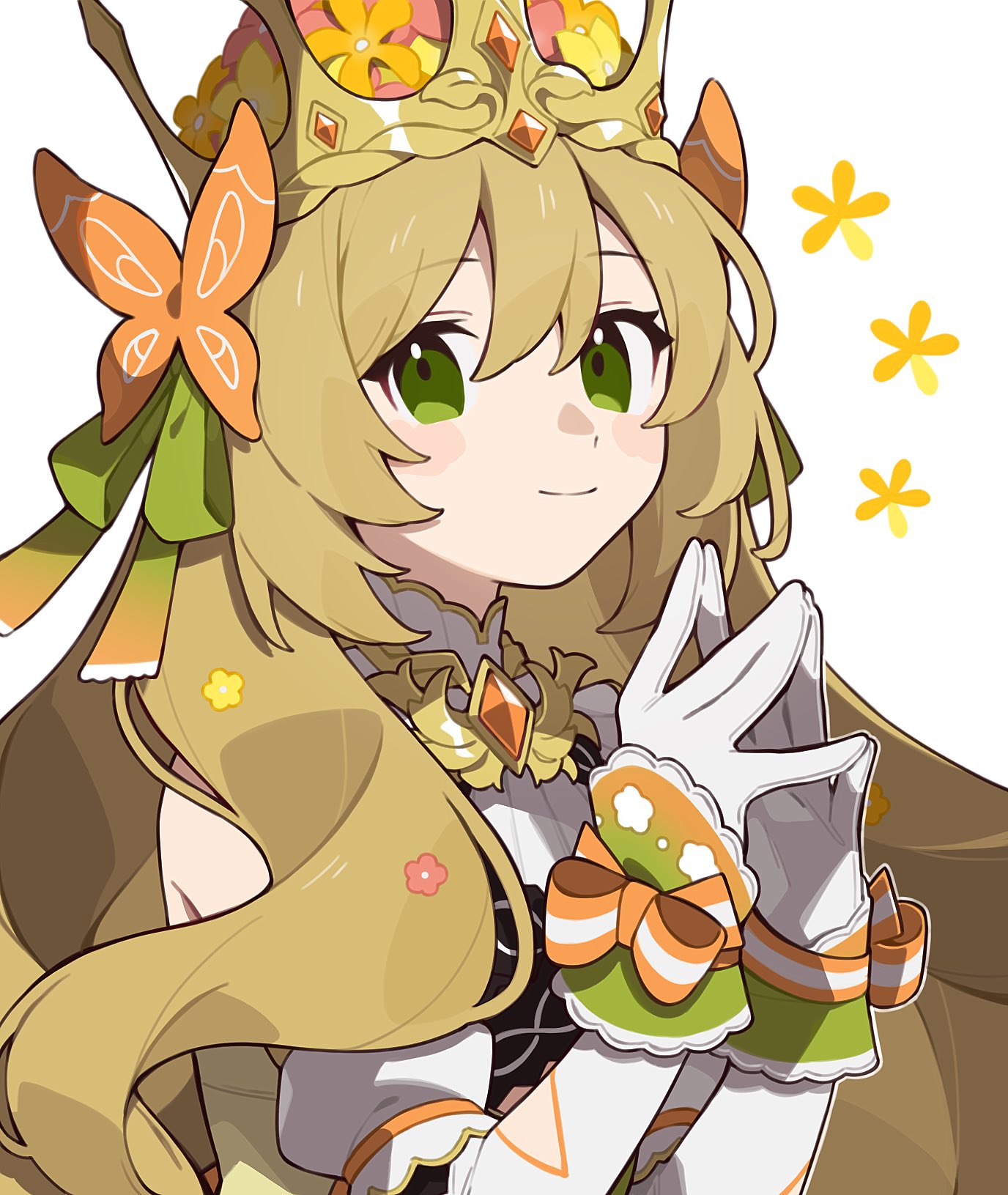1girl, blonde_hair, bow, butterfly_hair_ornament, celine_(fire_emblem), closed_mouth, commentary, crown, dress, elbow_gloves, fire_emblem, fire_emblem_engage, flower, gloves, green_eyes, green_ribbon, hair_between_eyes, hair_flower, hair_ornament, hair_ribbon, highres, long_sleeves, looking_at_viewer, own_hands_together, ribbon, smile, solo, upper_body, white_background, white_gloves, wrist_bow, yu_go8