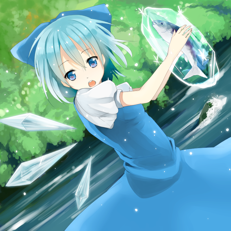 :o, bad_id, blue_dress, blue_eyes, blue_hair, bow, cirno, dress, dutch_angle, fish, frozen, hair_bow, holding, kurasawa_moko, large_bow, open_mouth, river, short_hair, solo, touhou, water, wings, yuki_(artist)