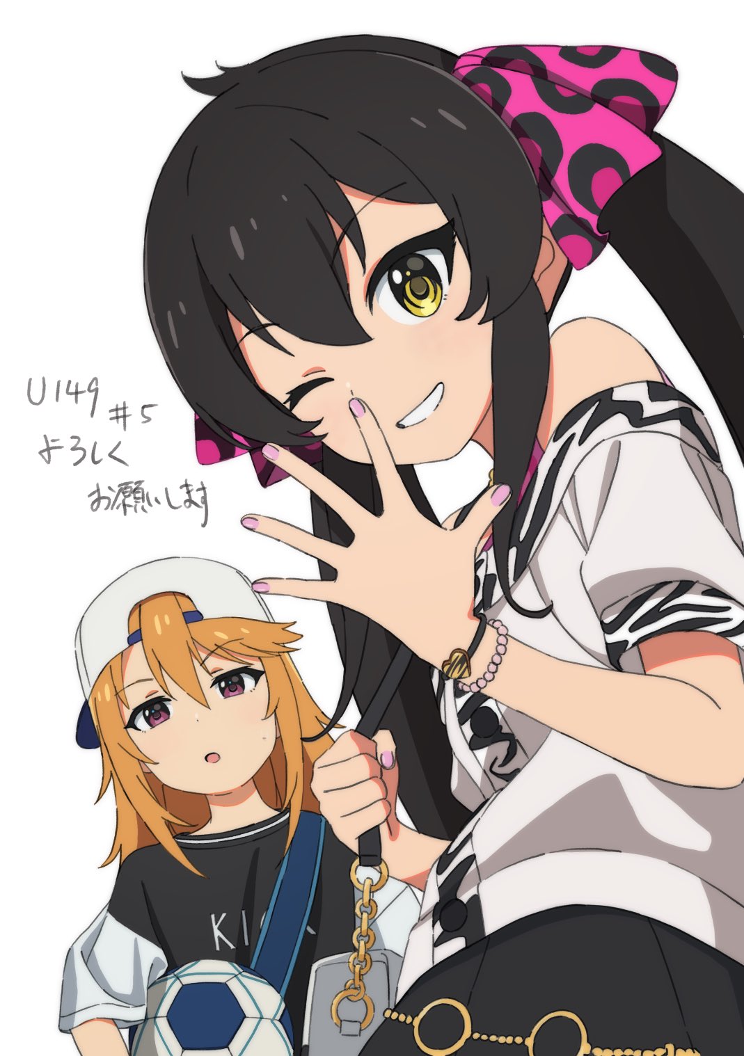 2girls, animal_print, bag, ball, bare_shoulders, baseball_cap, beat_shooter_(idolmaster), black_hair